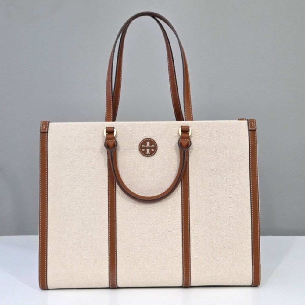 EXCELLENT TORY BURCH BLAKE CANVAS LEATHER JUMBO TOTE IN NATURAL CLASSIC CUOIO - Picture 2 of 8